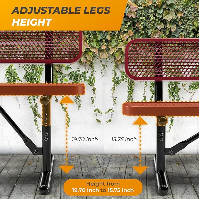 Heavy-Duty Outdoor Metal Bench, Thermoplastic-Coated, Portable, Weatherproof, Commercial-Grade for Parks, Gardens, Patios, Stores & More (8 Ft - Portable with Back, Red)
