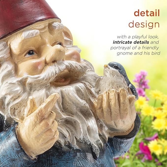 Alpine Corporation | 12"H Outdoor Garden Gnome Yard Statue with Bird Accent — Whimsical Hand-Painted Décor for Lawn, Patio & Flower Beds — Multicolor Finish