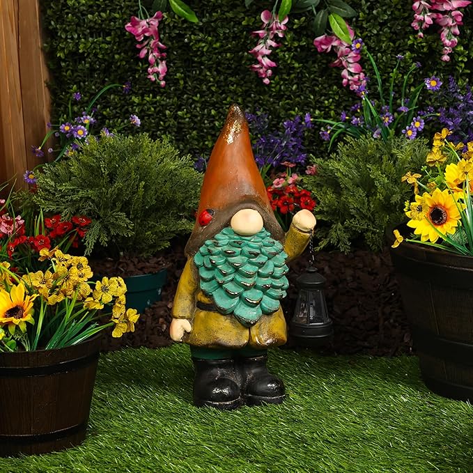 Alpine Corporation MCC856SLR Solar Vintage Gnome Holding Lamp w/Orange Hat, Whimsical Décor for Patio, Lawn & Garden, 20" H