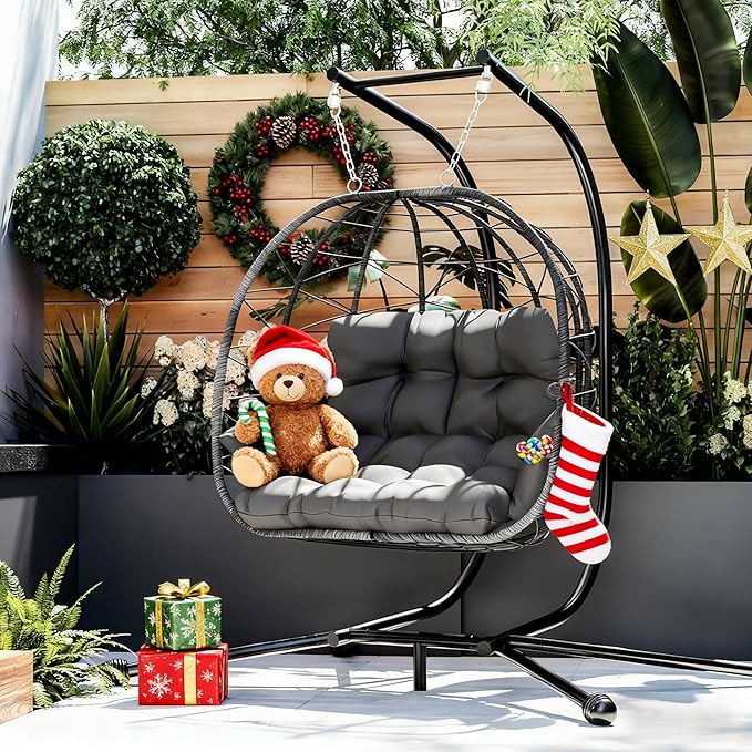 Pamapic 700 LBS Double Egg Chair Outdoor, UV Resistant Cushions Hanging Egg Chair with Armrests & Headrest, Thick Steel Frame Egg Swing Chair with Stand, for Relaxing & Reading Outside/Inside(Grey)