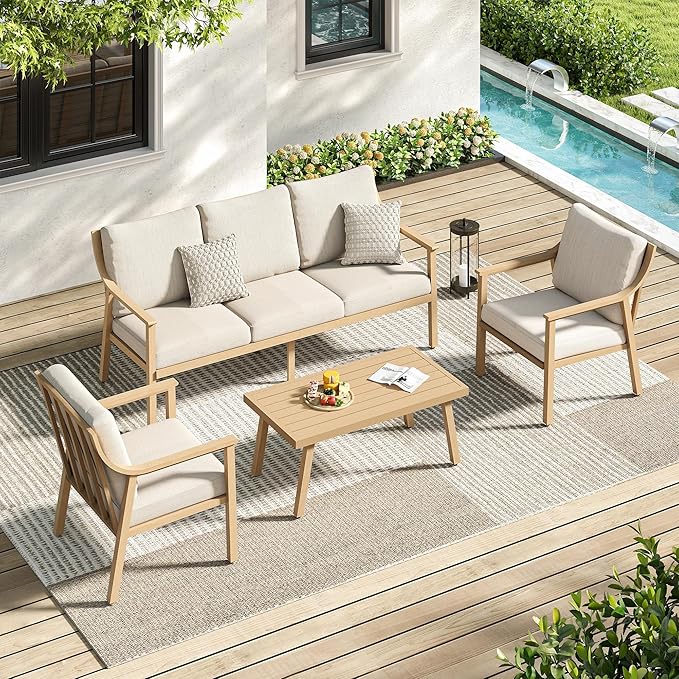 Patio Conversation Sets 4 Pieces - Aluminum 3 Seater Sofa Outdoor Furniture Sets with Thick Cushion, Coffee Table and Chairs Set of 2, Rustproof and Waterproof for Porch Deck Yard, Beige