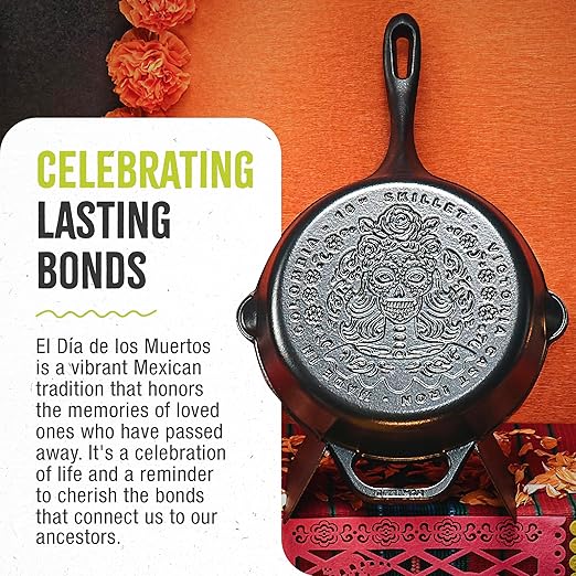 Victoria 10-Inch Day of the Dead La Catrina Cast Iron Skillet, Dia de los Muertos Seasoned Cast Iron Frying Pan with Long Handle, Made in Colombia