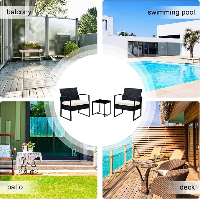 3 Pieces Outdoor Patio Furniture Set Wicker Rattan Chair Set Patio Bistro Conversation Set 3 Pcs with Coffee Table for Yard & Bistro (Beige)