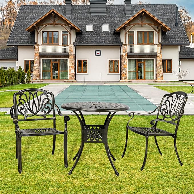 VIVIJASON 3-Piece Patio Furniture Dining Set, All-Weather Cast Aluminum Outdoor Bistro Set, Include 2 Chairs and 31" Round Table w/Umbrella Hole for Balcony, Lawn, Garden, Backyard