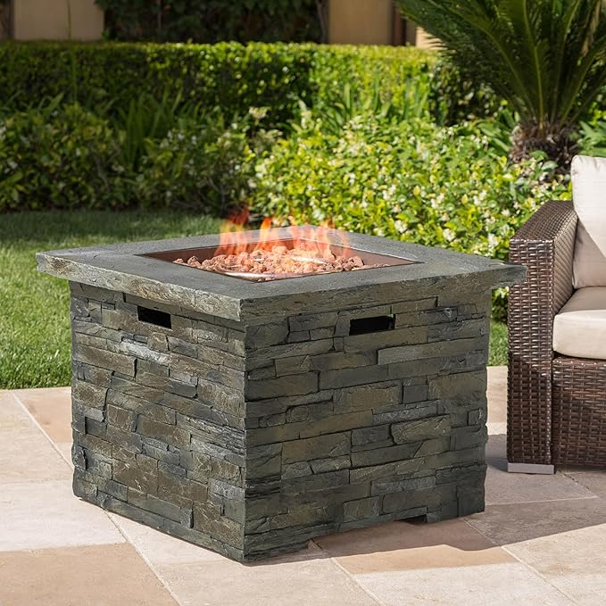 Outdoor Propane Fire Pit Table, 33 Inch Square MGO Concrete Fire Pit with Lava Rocks, Smokless Fire Table for Outside Patio, Garden, Backyard, 40,000 BTU, Tank Inside, Stone Gray