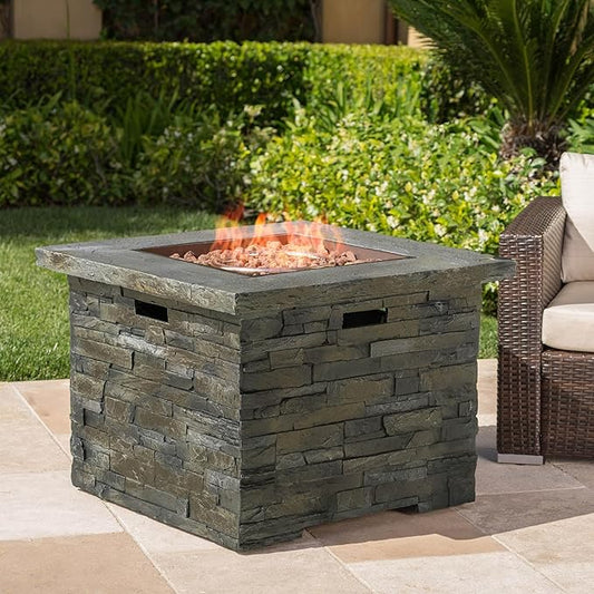 Outdoor Propane Fire Pit Table, 33 Inch Square MGO Concrete Fire Pit with Lava Rocks, Smokless Fire Table for Outside Patio, Garden, Backyard, 40,000 BTU, Tank Inside, Stone Gray