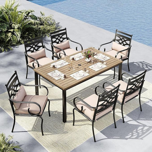 MFSTUDIO Outdoor Dining Set for 6, Patio Table and Chairs Set for Deck Backyard Garden, 7 Piece Patio Furniture Dining Set with with Umbrella Hole