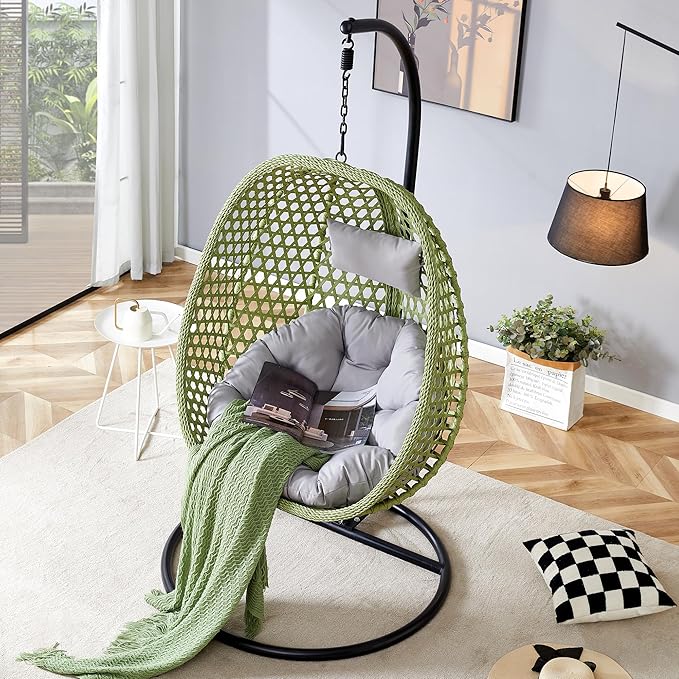 Hanging Egg Chair with Stand, Egg Swing Chair with Stand Indoor Outdoor,Green Wicker Swing Egg Chair for Adults, Hammock Chair with Comfortable Cushion and Stable Round Metal Base for Bedroom Patio
