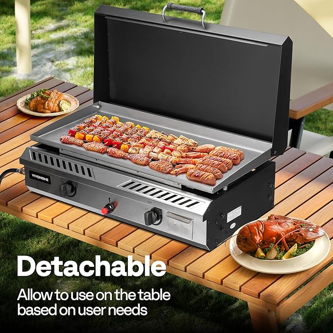 VIVOHOME 2-Burner Outdoor Griddle Station with Detachable Griddle Plate, Portable Propane Gas Stove with 2 Wheels, Multifunctional BBQ Grill for Backyard, Camping, and Tailgating
