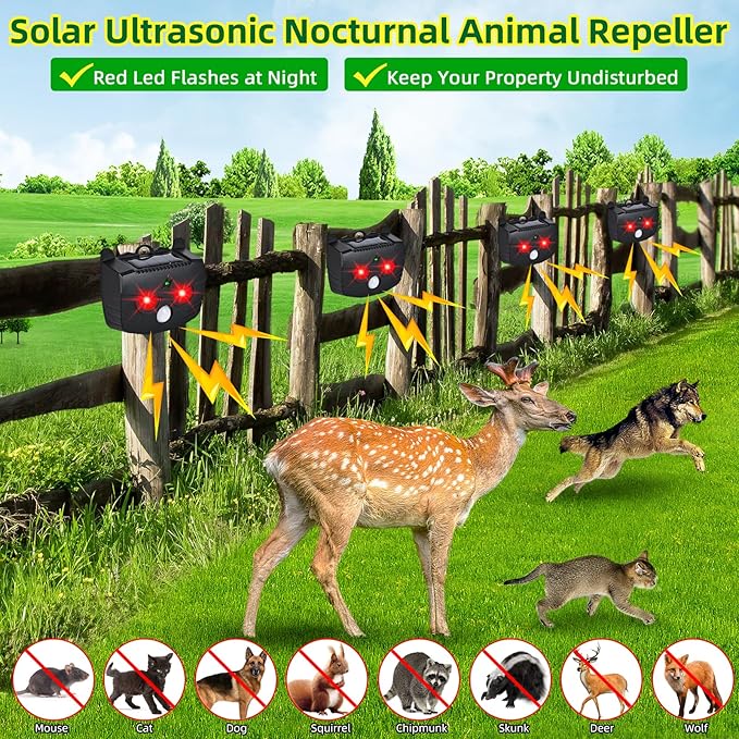 2025 Solar Nocturnal Animal Repeller Predator Control Light Coyote Repellent Devices with Ultrasound&LED Lights Outdoor Night Guard Animal Predator for Dog,Cat from Chicken Coop Yard Farm (4PACK)
