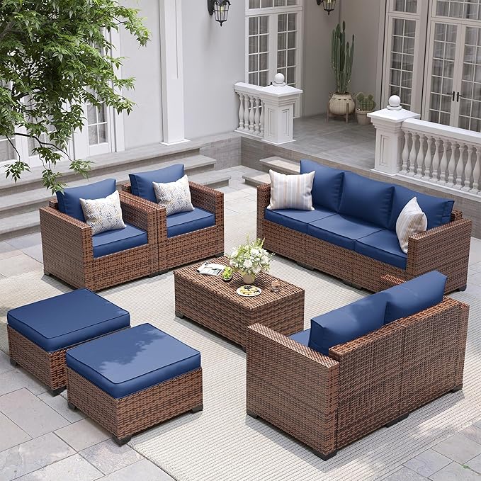 UDPATIO Patio Furniture Set with Storage Coffee Table, 7 Pieces Outdoor Furniture Sets, Wicker Rattan Patio Conversation Sets with Ottoman and Waterproof Covers for Porch Deck Backyard, Blue