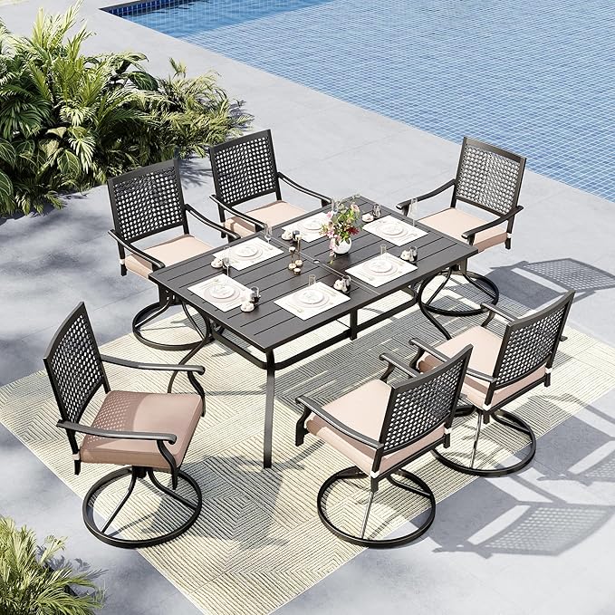 MFSTUDIO 7 Pieces Patio Dining Sets with 1 Large Rectangular Metal Table with Umbrella Hole and 6 Swivel Chairs (Cushion Included), Outdoor Furniture for 6, Black
