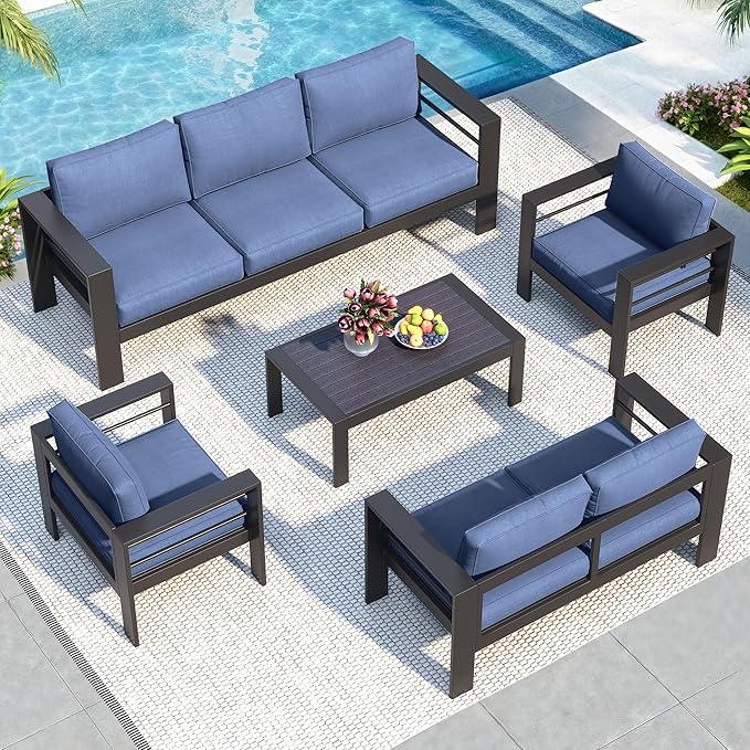 Solaste Aluminum Patio Furniture Set for All Weather, Modern Metal Outdoor Furniture Set with 27.5" Deep Seating and 3.2" Wide Armrest, Outdoor Patio Conversation Set with 5" Cushion, Black and Blue