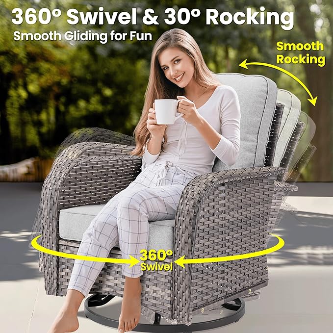 ovios 8 Pieces Patio Furniture Set, Outdoor Wicker Sofa Couch with Rocking Swivel Chairs Solar Lights Table, Modern Deep Seat Rattan Conversation Sets for Porch Deck, Grey