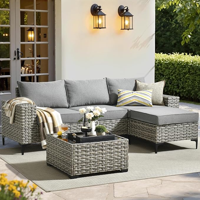 ovios 5 Pieces Patio Furniture Set Outdoor Sectional Sofa Couch with Deep Seat Chaise Comfy Cushions, Modern Modular Wicker Rattan Conversation Set Porch Deck Garden, Dark Grey