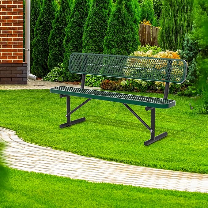 6 Ft Metal Park Bench for Outside, All-Weather Thermoplastic Coating Outdoor Bench with Backrest, Commercial Heavy Duty Benches for Shopping Malls, Stores, Parks, Patios, Decks, Green