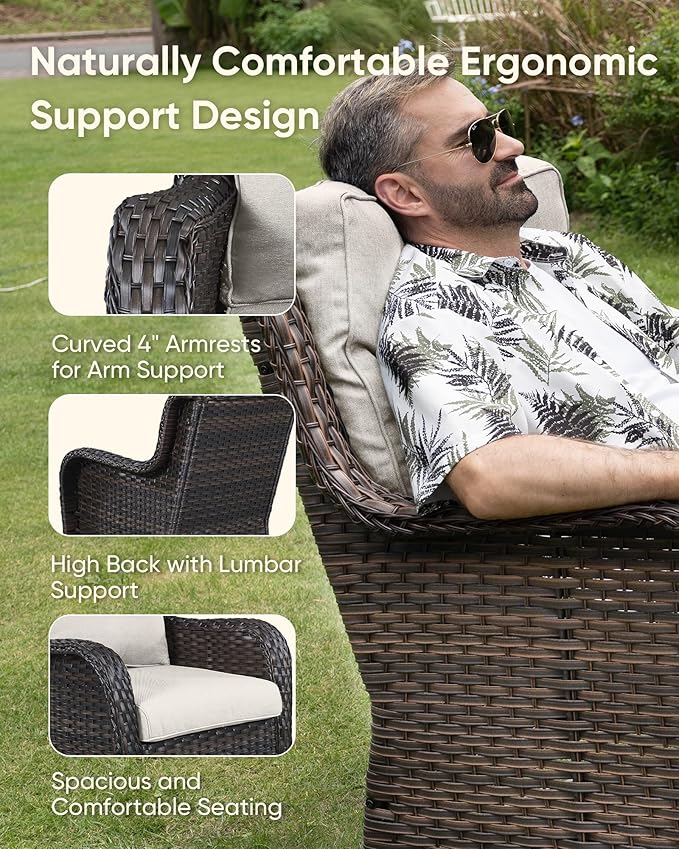 HUMMUH 6-Piece Outdoor Wicker Patio Furniture Set with Swivel Glider Chairs, Loveseat & Ottomans 5” Olefin Cushions Ergonomic Neck-Lumbar Backrest All-Weather Rattan for Garden, Deck, Porch