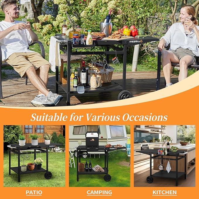 PIZZELLO Outdoor Grill Table 44" x 26" Movable Pizza Oven Stand Foldable Double-Shelf Grill Cart Fit for 12/16inch Oven Ooni Ninja Woodfire Blackstone