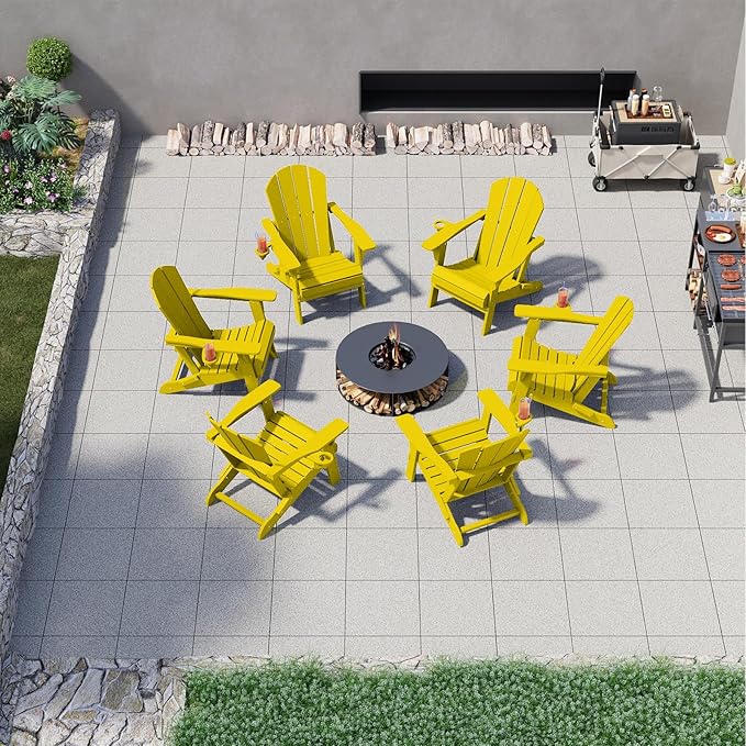 Folding Adirondack Chairs with Cup Holders, Set of 4 HDPE Plastic Outdoor Chairs, Weather Resistant, Real Wood Look, Heavy-Duty Patio Furniture for Deck, Fire Pit, Backyard, Yellow