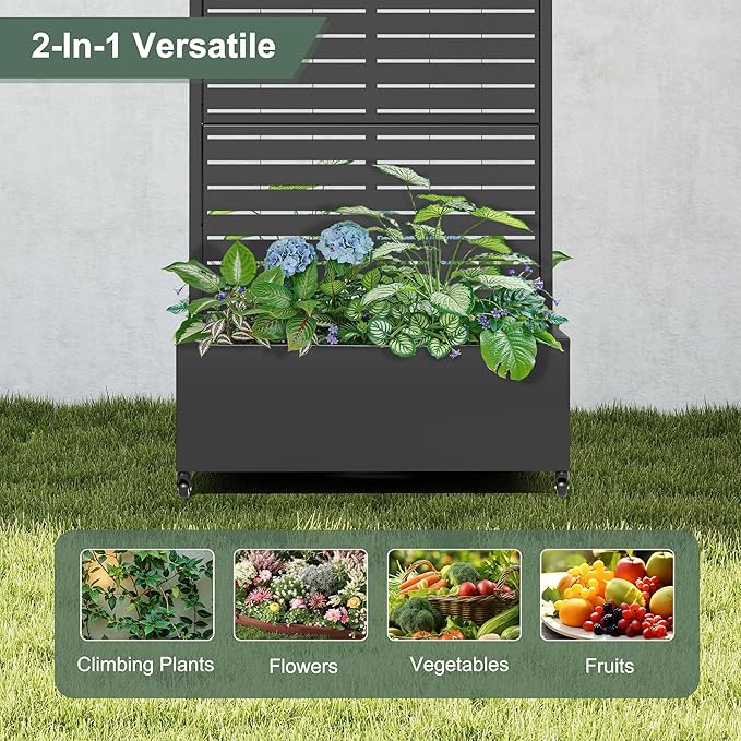 Metal Raised Garden Beds with Trellis and Wheels, Standing Planter Box with Privacy Screen for Outdoor Plants, Garden Boxes with Drainage Holes (35" L×24" W×71" H, Black)
