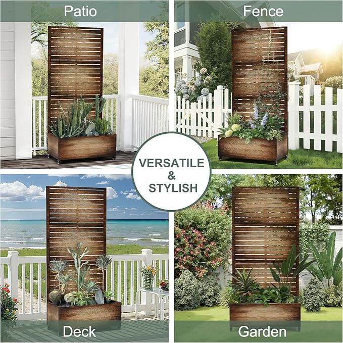 Metal Planter Box with Privacy Screen, Trellis with Planter Box for Climbing Plants, Standing Flower Bed with Wheels & Drainage Holes (35" L, Retro Brown Wood Grain)