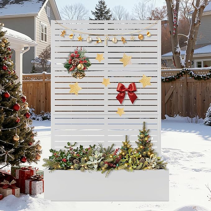 FENCY Metal Raised Garden Bed with Trellis, Metal Planter Box with Trellis, Garden Box for Climbing Plants Vegetable, 47" Lx16 Wx71 H Garden Bed with Drainage Holes(White-Louvered)