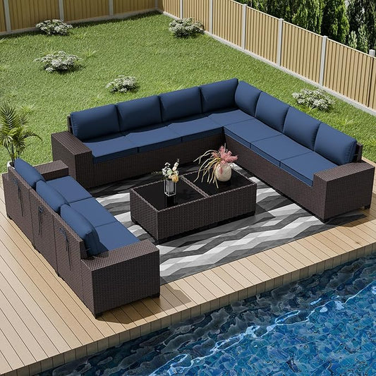 Outdoor Patio Furniture Set, 12 Pieces Outdoor Furniture All Weather Patio Sectional Sofa PE Wicker Modular Conversation Sets with Coffee Table,10 Chairs & Seat Clips Dark Blue