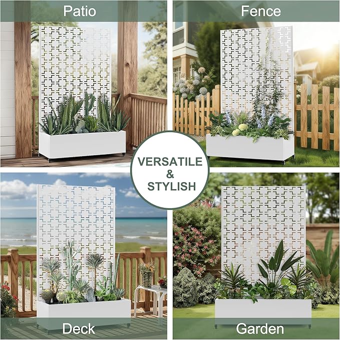 Metal Large Planter Box with Trellis Privacy Screen, Outdoor Raised Garden Beds with Wheels for Climbing Plants Vegetables, Outdoor Standing Flower Beds with Drainage Holes (47"L, White Square)