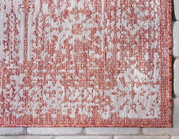 Unique Loom Outdoor Traditional Collection Area Rug - Timeworn (5' 3" x 8' Rectangle, Rust Red/ Gray)