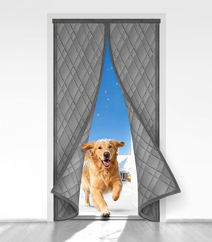 Magnetic Thermal Insulated Door Curtain, Fit Size up to 36 x 82 Inches, Thermal Door Curtain Filled with Thick Cotton to Keep Warm Winter, Doorway/Front/Back/Basement, Grey, Diamond