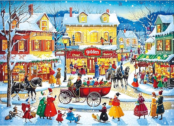Winter Holiday Scene Jigsaw Puzzle, 1000 Pieces, Colorful Christmas Village Snow Landscape, Family Entertainment