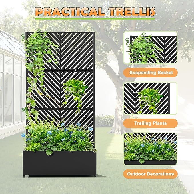Metal Raised Garden Bed with Trellis, 2-in-1 Planter Box & Privacy Screen for Climbing Plants, Outdoor Standing Flower Bed with Drainage Holes, 35.4" L x 15.7" W x 70.1" H, Black-Parallel