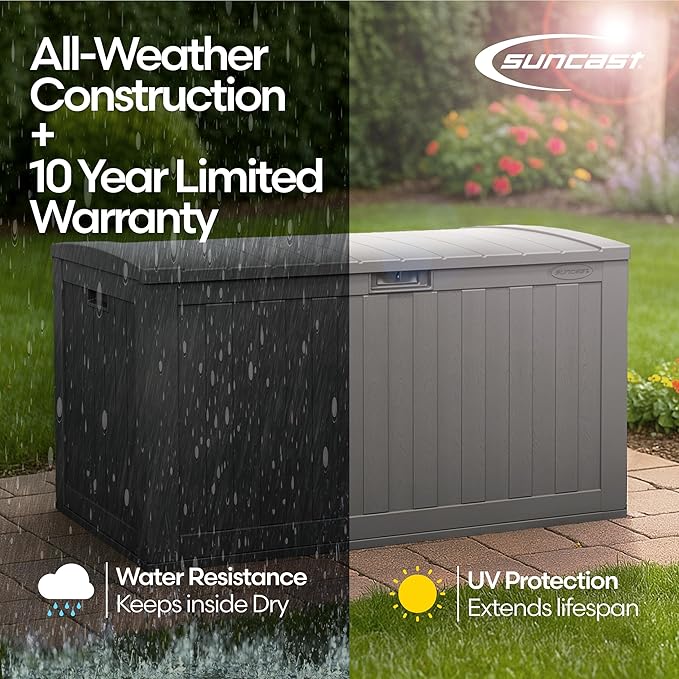Suncast 134-Gal. Waterproof Resin Extra-Large Outdoor Patio Deck Box with Pad-Lockable Lid, Modern Outdoor Patio Bench/Storage Box for Cushions, Garden Tools, and More, Dove Gray