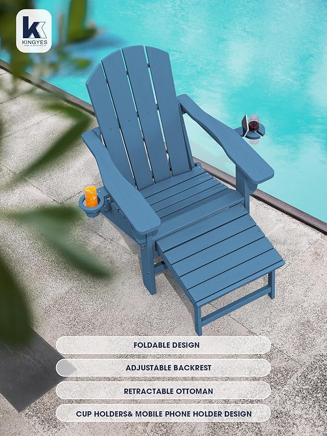 KINGYES Folding Adjustable Adirondack Chair with Retractable Ottoman, HDPE Reclining Adirondack Chair with Cup Holder, Blue
