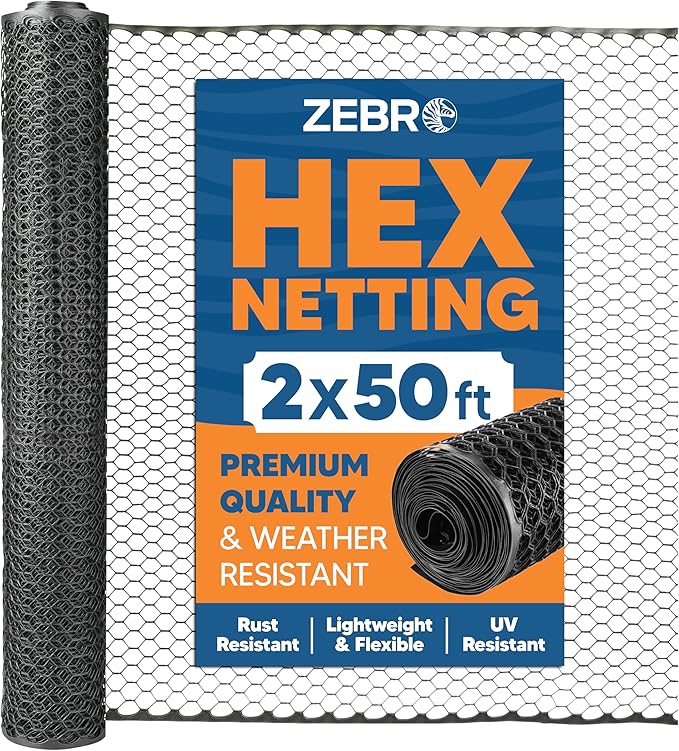 Plastic Hex Chicken Wire Mesh Garden Fence Roll (2' x 50' - Black) - Versatile Poultry Netting and Garden Fence for Temporary or Semi-Permanent Enclosures, Deer Fencing, and Construction Barriers