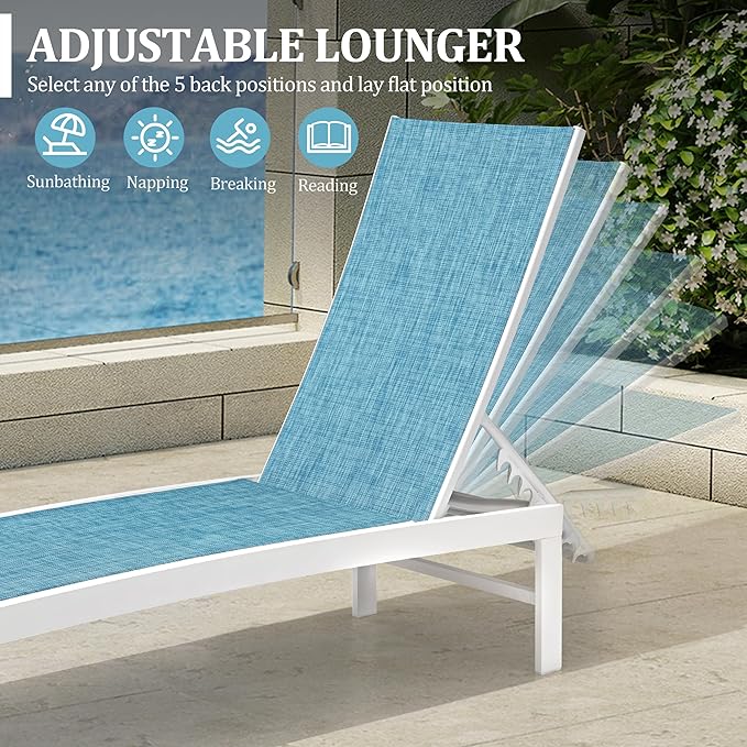 Chaise Lounge Chair, Set of 6 Outdoor Recliner Lounge Chair Sun Loungers, All Weather Chaise with 5 Adjustable Backrest and Lay Flat Positions for Garden, Balcony, Pool, Blue