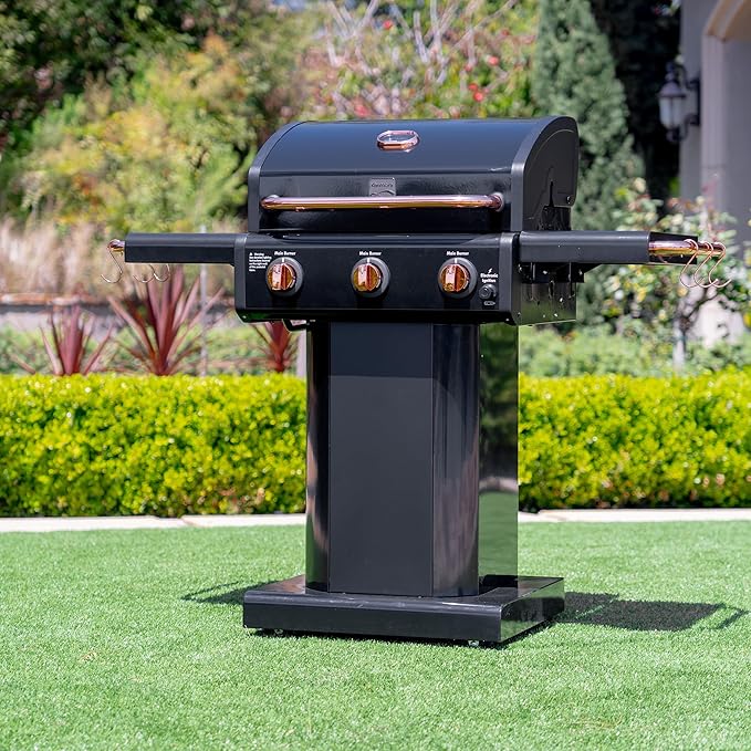 Kenmore 3-Burner Propane BBQ Grill, 30,000 BTUs Gas Grill with Cast Iron Cooking Grates, Folding Side Tables & Wheels, Outdoor Grill with Tool Hooks, Black/Copper + Bonus Cover