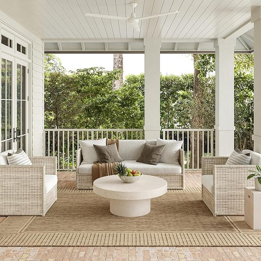 nuLOOM 8' Square Outdoor Area Rug, Casual Design with Striped Border, Stain Resistant, Highly Durable, for Patio, Balcony, Bedroom, Living Room, Dining Room, Bathroom, Light Brown