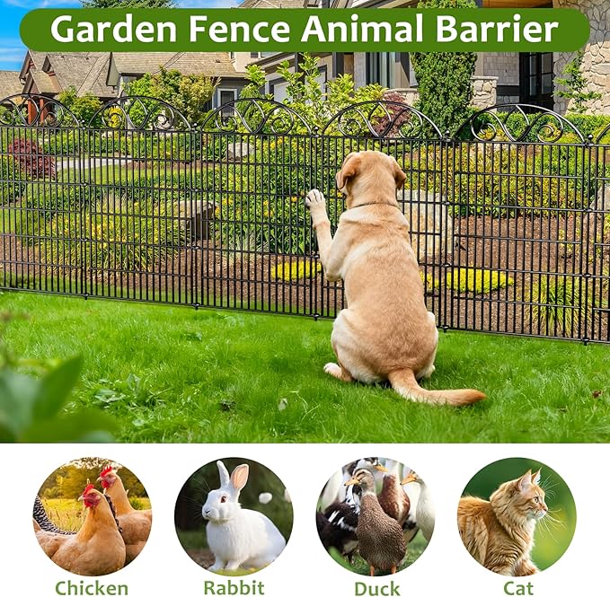 10 Panels No Dig Decorative Garden Fence with Gate – 28" H X 19.6' L Rustproof Metal Dog Fence Outdoor for Yard, Animal Barrier Fence for Pet, Garden Border, Patio, Flower | Temporary Fencing