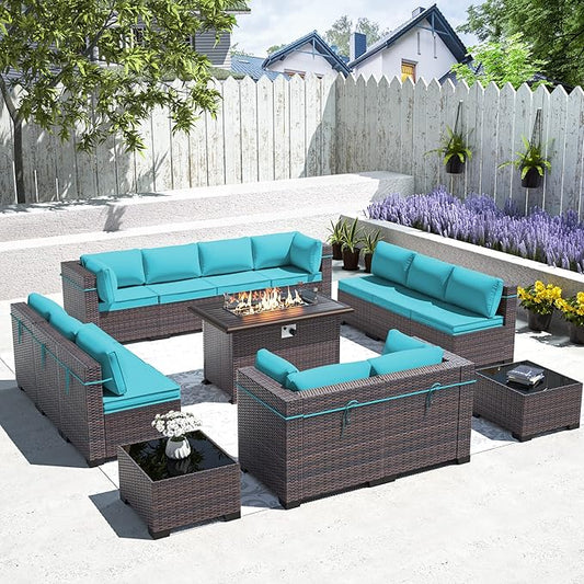 Outdoor Patio Furniture Set with Gas Fire Pit Table, 15 Pieces Outdoor Furniture Set Patio Sectional Sofa w/43in Propane Fire Pit, PE Wicker Rattan Patio Conversation Sets (Teal)