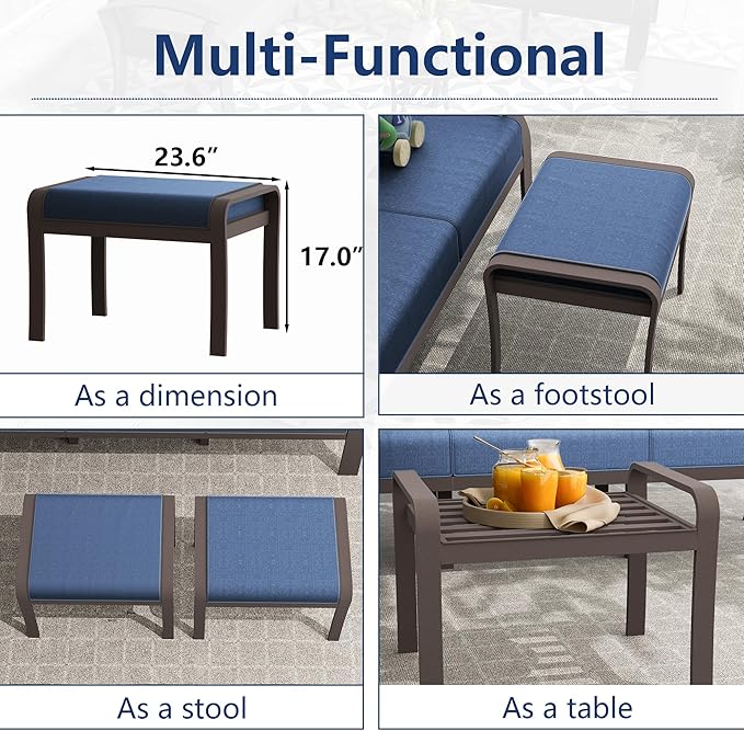 10-seat Aluminum Patio Furniture Set, L-Shaped Sectional Sofa with 5.1" Cushions, High Backrest & 2 Footstools, Durable Outdoor Patio Furniture Set, Backyard, Poolside - Blue