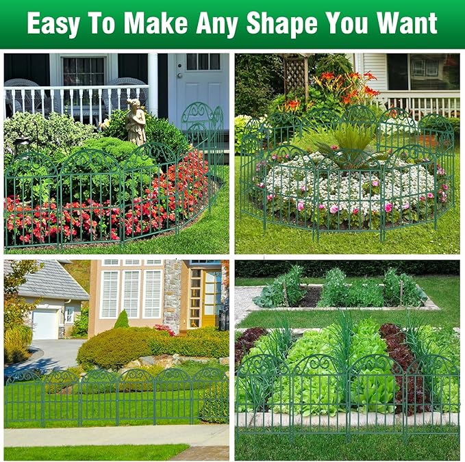 ADAVIN 10 Panels Collapsible Garden Fence Animal Barrier,11 Ft(L) x 24 in(H) Green Rustproof Metal Wire Panel Border for Dogs Rabbits, Flower Edging for Landscape Patio Yard Outdoor Decor, Arched