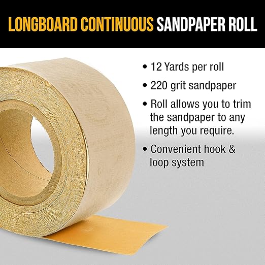 Dura-Gold Premium - 220 Grit Gold - Hook & Loop Backing Longboard Continuous Sandpaper Roll, 2-3/4" Wide, 12 Yards Long - For Automotive & Woodworking Air File Long Board Sanders, Hand Sanding Blocks