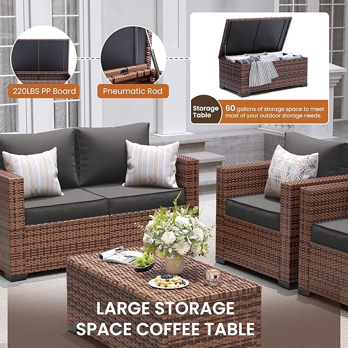 UDPATIO Patio Furniture Set with Storage Coffee Table, 7 Pieces Outdoor Furniture Sets, Wicker Rattan Patio Conversation Sets with Ottoman and Waterproof Covers for Porch Deck Backyard, Grey