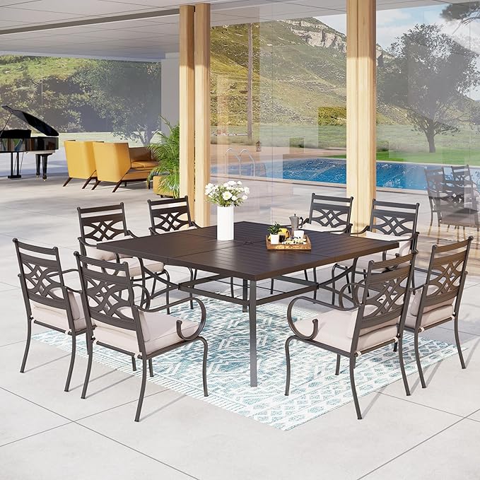 MFSTUDIO Patio Dining Sets for 8, Patio Table and Chairs Set with Umbrella Hole, Patio Furniture Set with Square Table, 9 Piece Outdoor Dining Set for Deck, Poolside, Backyard, Garden