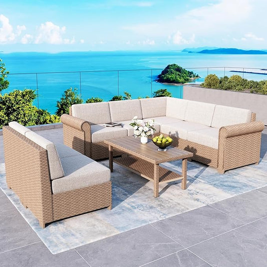 Patio Furniture Set 8 Piece, Wicker Rattan Sectional Sofa Couch with 5.5" Thick Waterproof Cushion and Coffee Table, L Shape All weather Outdoor Conversation Set for Lawn Backyard Deck, Beige