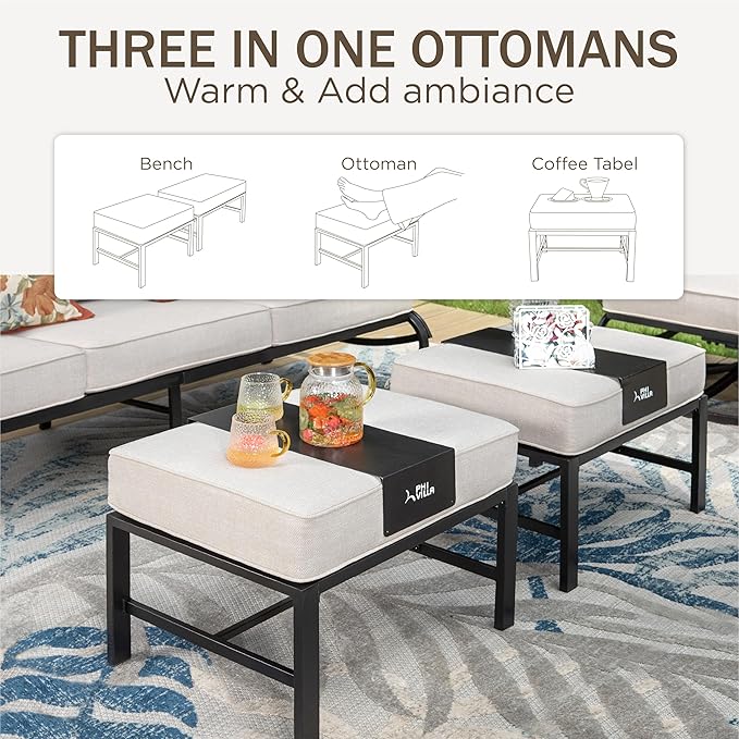 PHI VILLA 8 Piece Outdoor Patio Furniture Set with 1 x 45 FirePit Table, 1 x 72 Deep Seating Sofa Bench, 2 x C-Base Sofa Chairs, 2 x Armrest Legs Chair and 2 x Metal Cushioned Ottoman