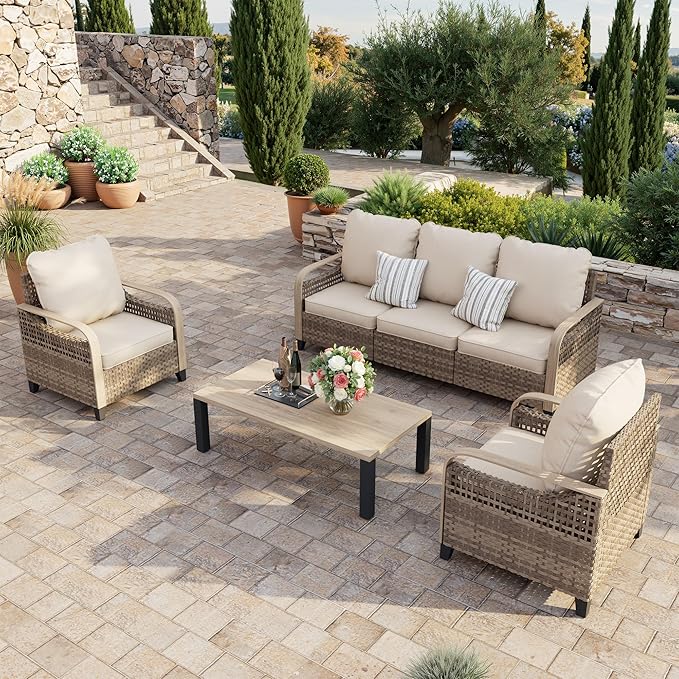 UDPATIO 4-Piece Patio Furniture Set, Outdoor Couch with 105-Degree Ergonomic High Back, Yellow Rattan Patio Conversation Sets for Deck, Yard, and Poolside, Beige