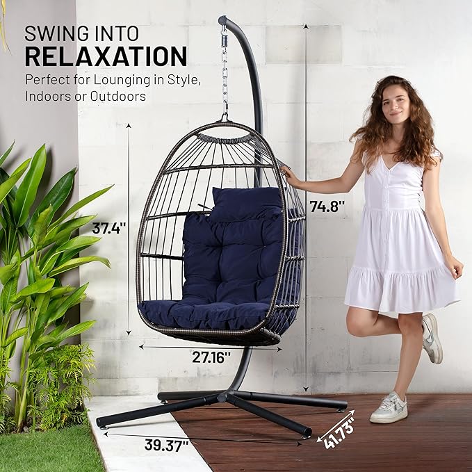 SereneLife Foldable Deep Blue Egg Chair with Stand Outdoor Indoor Rattan Wicker Hanging Swing Hammock with Waterproof Cushion and Headrest Heavy Duty Comfortable Sensory Seat for Patio Porch Garden