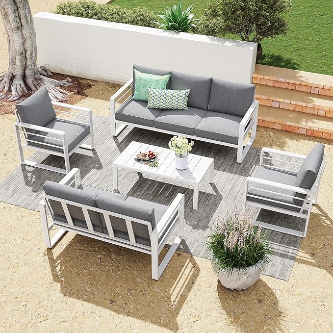 Patiorama Aluminum Patio Furniture Set, 2 PCS Outdoor Armchairs Single Sofa Couch, All Weather White Metal Chair with Olefin Cushion, Deep Seating, 300 lbs Capacity, Deck, Garden-Grey Cushion